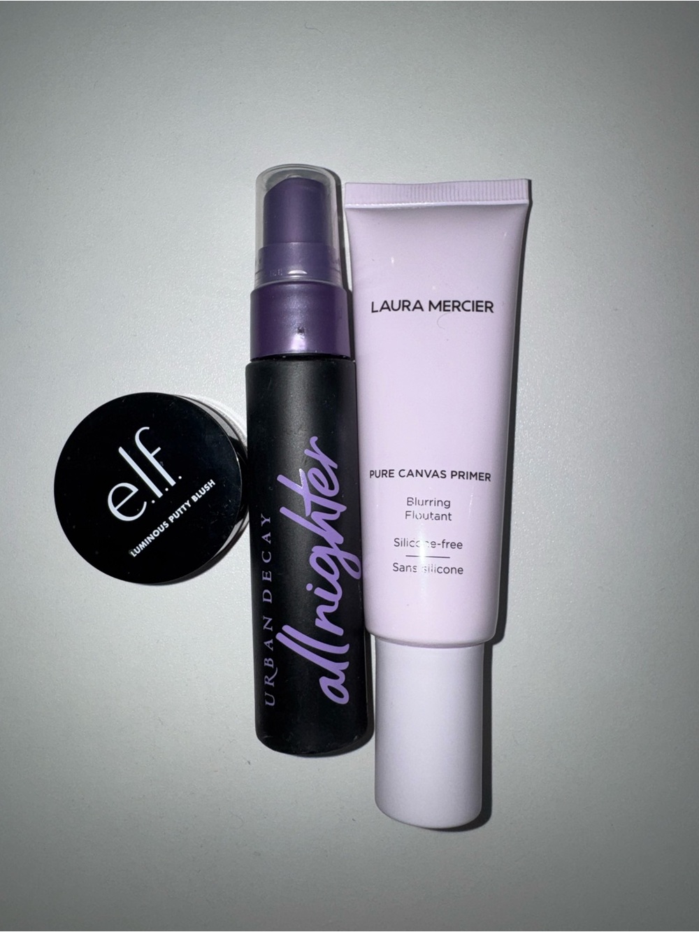 Laura Mercier Blurring Primer | Urban Decay All Nighter Spray | Elf Putty Blush